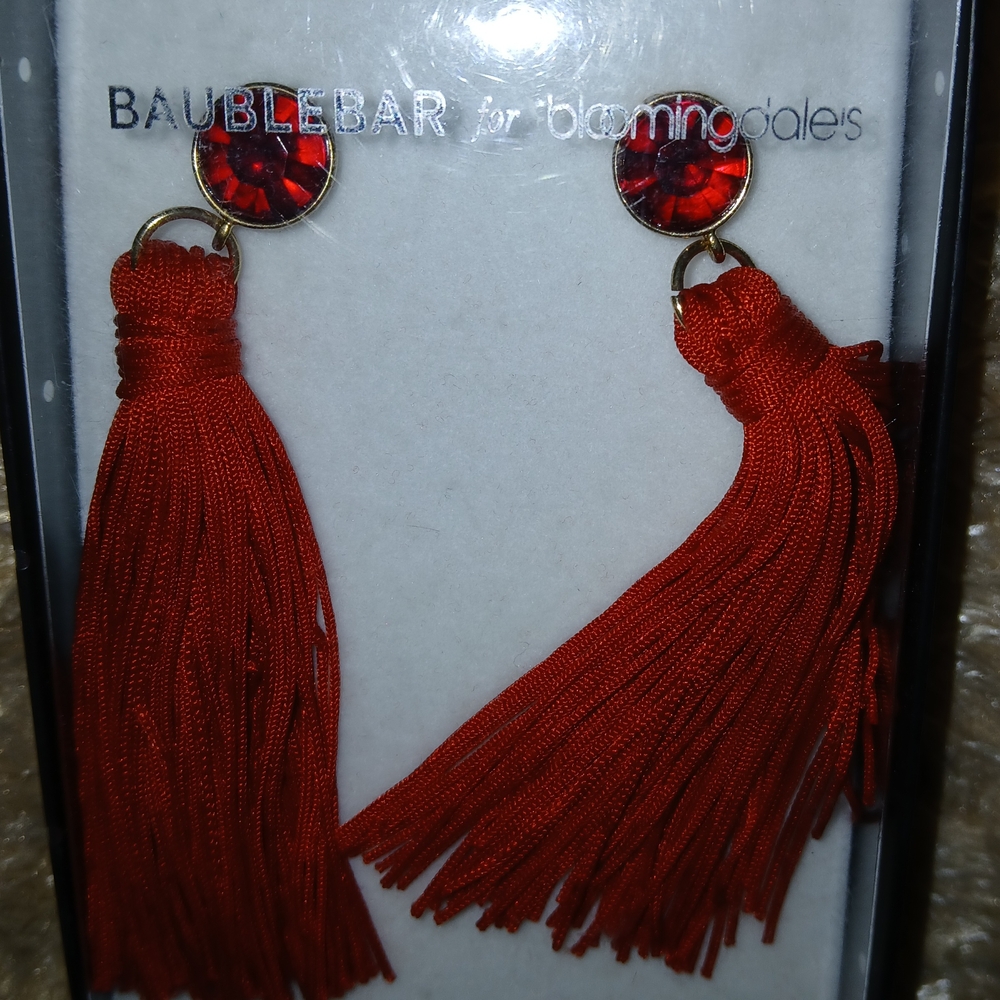 BaubleBar True Red/Gold Faceted Stone String Tassel Drops Earrings